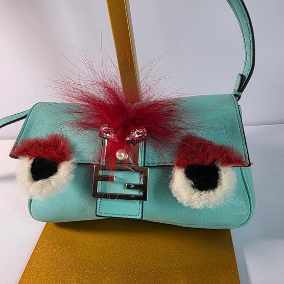 Fendi Handbags - Fendi Monster Micro Baguette in Teal Blue and Red Fur Crossbody Bag